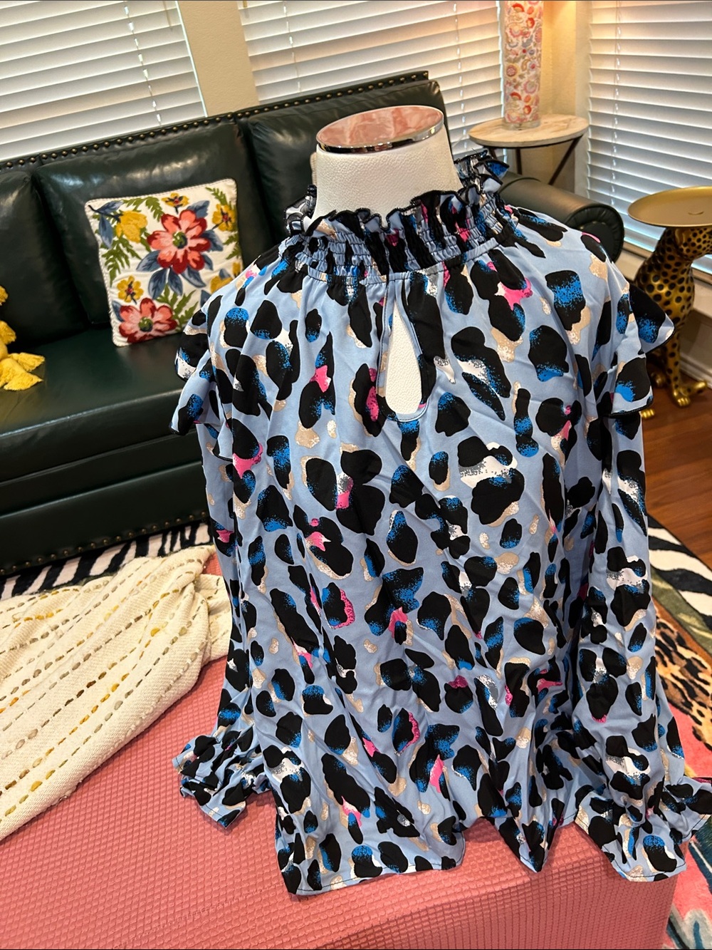 Source Unknown Light Blue Animal-Print Ruffle Neck Blouse